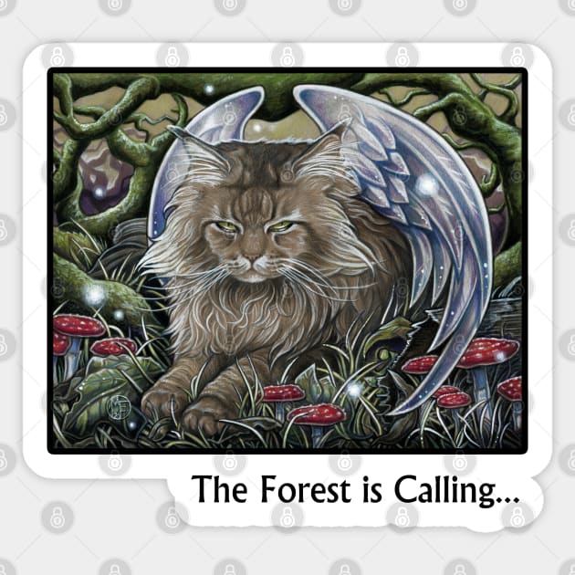 Cat Forest Spirit -The Forest is Calling - Black Outlined Version Sticker by Nat Ewert Art